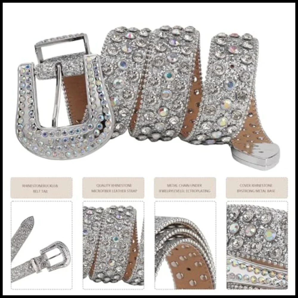 Rhinestone Belt for Women Men Shining Diamond Studded Microfiber Leather